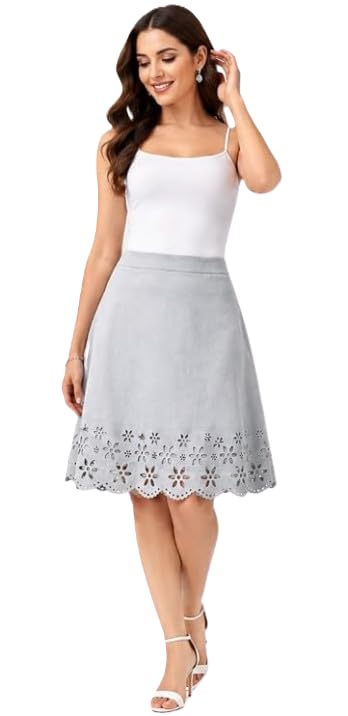 Women's Faux Suede A-Line Skirt with Laser Cut Floral Hem Light Blue-picture-13