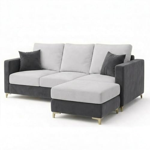 Image of Juliet Rich 4 Seater L Shape Sofa Set with Movable Ottomans | Flexible Layout | Velvet Suede Fabric | Golden Aesthetic Legs | Dual Tone Modern Sofa for Living Room (Dark Grey-Light Grey)