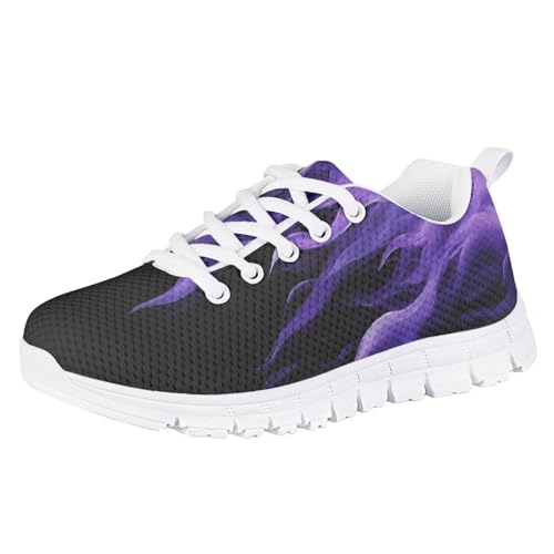 teeinprint Tenis de correr para niños, transpirables, con cordones, ligeros, antideslizantes, para niños pequeños y grandes, Llama de fuego morada, 30 EU
