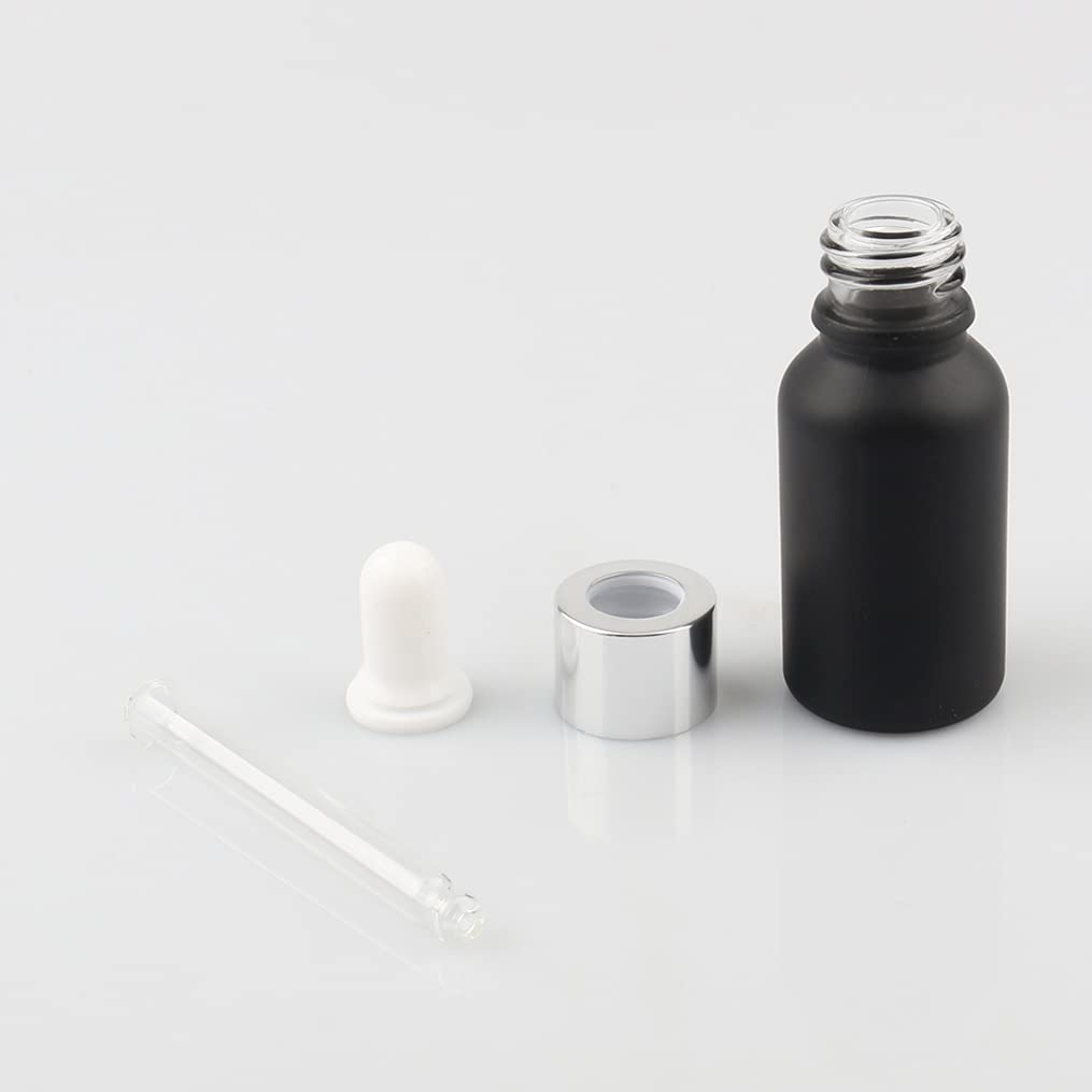 24 Pezzi Nero Opaco Bottiglie Contagocce Vetro 15 ml con Pipette Contagocce Vetro, anello a vite Argento, per Laboratorio,Olio Essenziale, Aromaterapia +4 imbuti