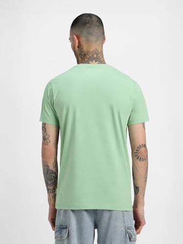 Image of Veirdo Regular Fit Half Sleeves Round Neck Arizona Typographic Printed Pure Cotton T-Shirt for Men (Colors: Green & Navy)