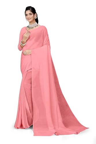 ETHNICMODE sari indio mujer Plain Zari Chiffon Light Weight Party Peach Saris With Unstitched Blouse Piece 1243