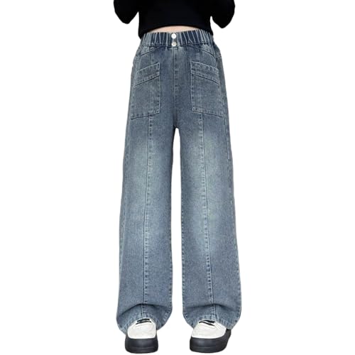 Girls Jeans Casual Wide Leg Denim Pants Elastic Waisted Loose Straight Pants Baggy Jeans with Pockets Streetwear Clothes