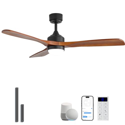 Sofucor 52 Smart Wood Ceiling Fans Lights Flush Mount & Downrod Mount 3 Wood Blades Modern Outdoor Ceiling Fans with Alexa/Google Assistant/APP/Remote Control for Bedroom Farmhouse Patio Indoor