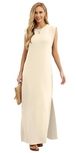 Image of GRECERELLE 2026 Women Year-Round Casual Round Neck Loose Split Wrinkle-Free Long Maxi Vacation Dress with Pockets (XXS-4XL)