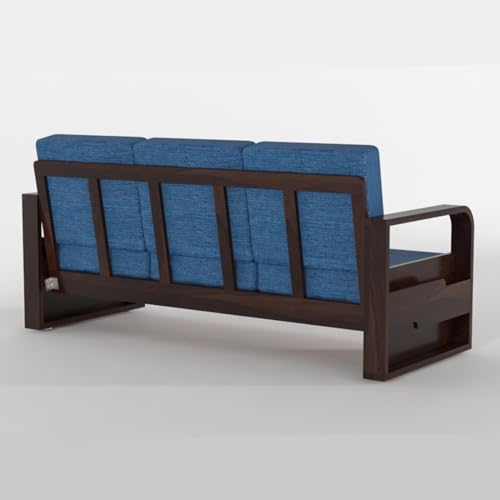 Image of Solid Sheesham Wooden 3 Seater Sofa for Living Room | Sofa with Side Pocket Storage & Cushion | Rosewood Sofa Set for Home (Walnut with Blue Cushion, 3 Seater)