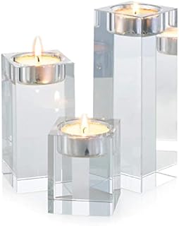 Sziqiqi 3-Piece Crystal Glass Candle Holder Set Crystal Candlelight Dinner Candle Holder Creative Ornament for Home, Dining Table and Bar, Square