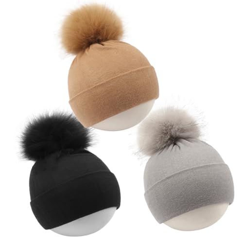 Image of Baby Beanie Hat, Infant Toddler Warm Cotton Hat with Pom,Unisex Baby Soft Cotton Hats Caps