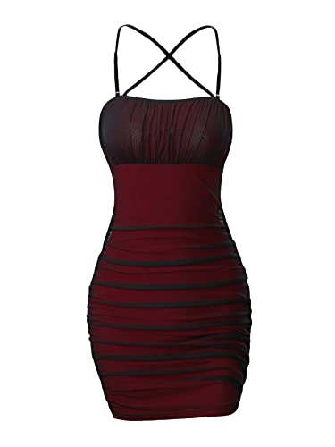 Image of GORGLITTER Women's Ruched Mesh Sexy Bodycon Cami Mini Dress Crisscross Sleeveless Summer Club Party Dresses Red L