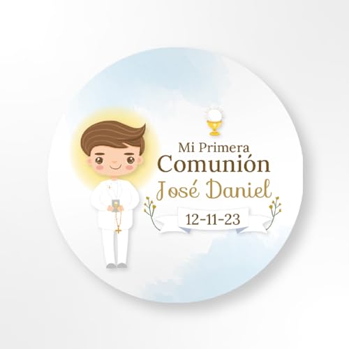 Pegatinas Comunion Personalizadas - Recuerdos Únicos y Detalles Comunion para Invitados | Etiquetas Adhesivas - 3 Modelos en Varios Tamaños (Azul)