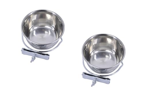 Pet's Solution - Set di 2 Ciotole in Acciaio Agganciabili con Fissaggio a Vite per Volatili, Cani e Gatti, Mangiatoie Ideali per Kennel e Gabbie - 10 cm di Diametro