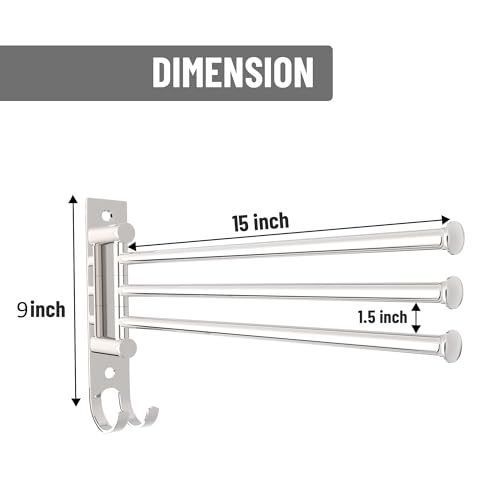 Image of ACHRO Self Adhesive and Wall Mount Swivel Towel Rack, 15 Inch Thicken 304 Stainless Steel 3-Arm Towel Bar, Space Saving, Rustproof Swing Out Towel Hanger for Bathroom, Kitchen (Brushed Nickel)