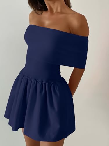 Image of Atizon Women's Summer Off The Shoulder Mini Dress Casual Short Sleeve Trendy Cocktail Party A Line Dresses