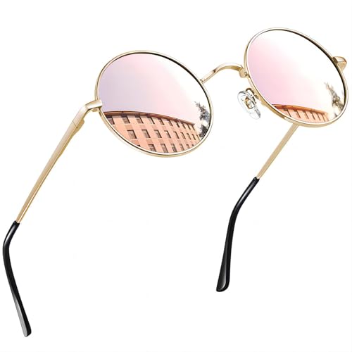 Joopin Runde Sonnenbrille Damen Rosa Verspiegelt Polarisiert Hippie Runde Sonnenbrille Herren Retro Vintage Brille UV400 mit Metallrahmen (Gold Rosa Verspiegelt)