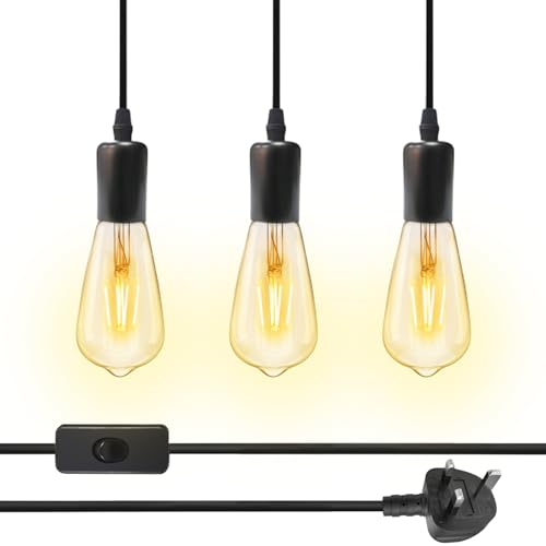 Image of PRITOK 3 Lights Plug in Pendant Lighting: Plug in Ceiling Light Fixture with Switch and Plug, E27 Lamp Holder Suspended Pendant Light Fitting, Triple Ceiling Pendant Light for Garden, Living Room