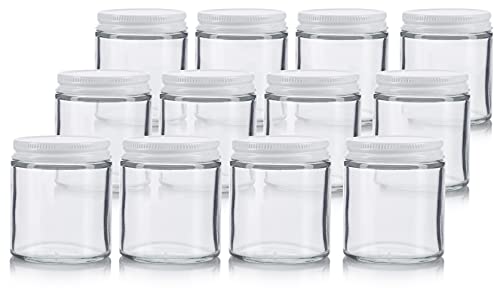 Clear Thick Glass Straight Sided Jar With White Metal Airtight Lid - 4 Oz / 120 Ml (12 Pack) Bpa Free Refillable Empty Storage Containers #TOP10