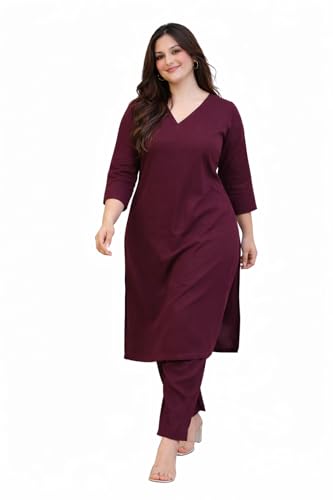 Image of Rayon Plain V Neck Kurta Pant Set for Women and Girls