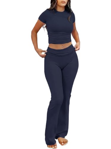 Image of IWOLLENCE Loungewear Sets for Women UK Two Piece Outfit Short Sleeve Crop Top and High Elastic Waist Wide Leg Trousers Co Ord Set (Navy Blue, M)