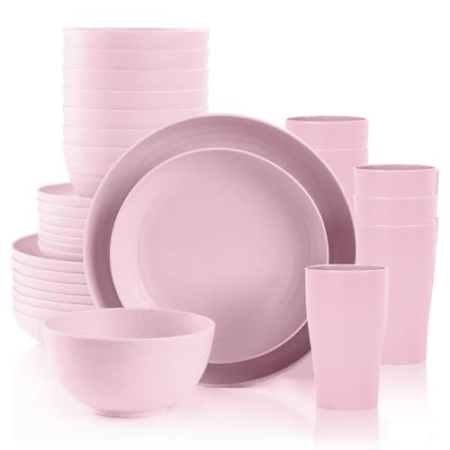 32PCS Wheat Straw Dinnerware Sets Dishes Set Service for 8 Kitchen Plates and Bowls Set Unbreakable Modern Dish Set Plate/Dessert Plate/Cereal Bowl/Cup Lightweight (Pink 32pcs)