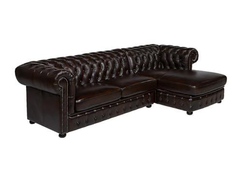 Vente-unique - Canapé d'angle Chesterfield Brenton 100% Cuir de Buffle - Marron Reflets châtains...