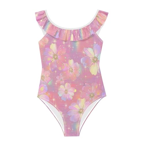 Maillot de bain fille rose à bretelles volantées scintillantes