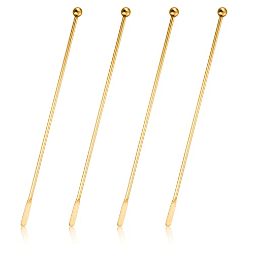 4Pcs Stainless Steel Stirrers Stir Cocktail Drink Swizzle Stick, 7.5'' Beverage Stirrers Metal with Small Rectangular Paddles, Reusable Stir Sticks for Coffee Bar Chocolate Milk (Gold)