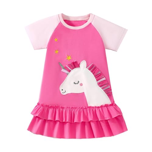 Image of HILEELANG Toddler Girl Short Sleeve Easter Dress Cotton Casual Jersey Shirt Playwear Applique Dress