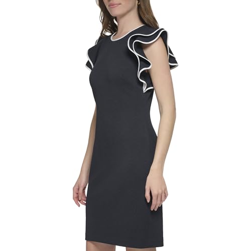 Image of Tommy Hilfiger Women's Sleeveless Ruffle Hem Jewel Neck Crepe Sheath Mini Dress