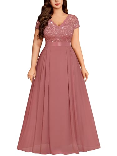 Image of Miusol Women's Plus Size Sequin Floral Lace V Neck Formal Gowns Evening Party Chiffon Maxi Dress