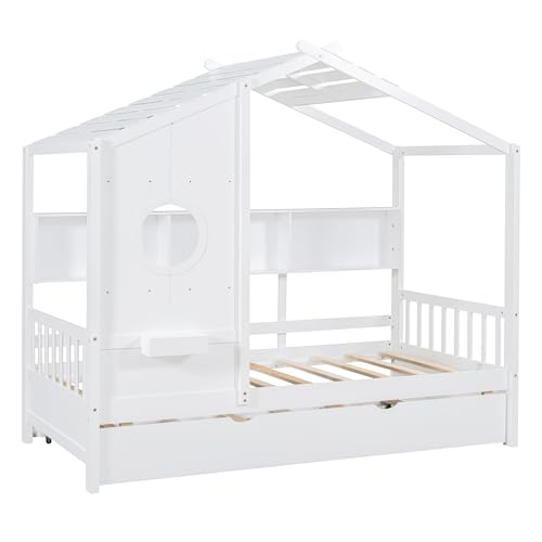 Image of Twin Size House Bed with Roof and Window for Kids, Wooden Playhouse Bed with Storage Shelves and Trundle for Bedroom Furniture Girls & Boys (White /T1)