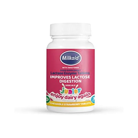 Milkaid Junior Lactase Enzyme Chewable Tablets for Lactose Intolerance Relief | Prevents Gas, Bloating & Diarrhoea | Fast Acting Dairy Digestive Supplement | Gluten Free & Vegan | 60 Tablets Cover