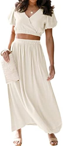 MEROKEETY Women's Casual Boho 2 Piece Outfits Dress V Neck Short Sleeve Warp Crop and Long Skirt Set,Beige,S