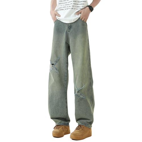 Baggy Jeans for Men Distressed X Ripped Wide Leg Denim Pants Vintage Washed Streetwear Skate Style
