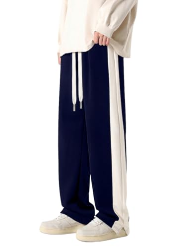 Image of GRECIILOOKS Trouser for Men | Man Relaxed Fit Trousers Twill Track Style | Straight Fit Wide Leg Trousers for Mens with Drawstring Waist | Korean Casual Travel Streetwear Pants