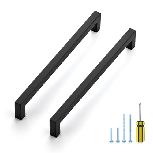 Image of Ravinte 5 Pack Kitchen Matte Black Cabinet Handles 8-4 /5 Inch Hole Center Stainless Steel Square Cabinet Pulls for Dresser Drawer Cupboard Handles with Screwdriver