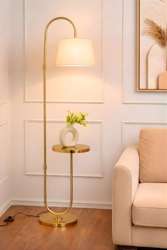 Image of Deco Crush Modern Table Shelf LED Floor Lamp Standing Brass Antique Gold Finish 5ft Height with Shelf Diameter 12inches Home Decoration, Living Room and Beige Lampshade (Pack of 1)