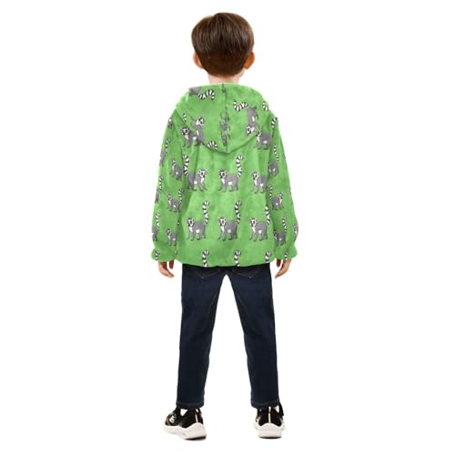 Lemur Pattern on Green Background Toddler Fleece Jacket Girl Boys Hooded Fleece Jacket Coat Warm Outwear Zip-up 3-10T4