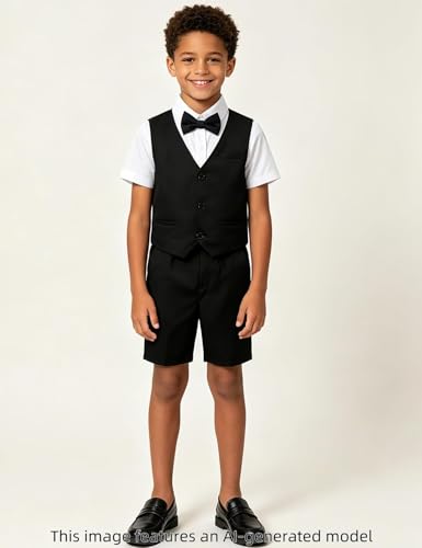 Image of A&J DESIGN Boys Short Suit Set 3 Pieces Kids Formal Gentleman Outfit, 4-11 Years, Shirt + Vest + Shorts + Bow Tie
