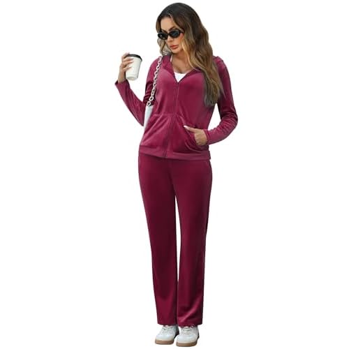 Marvmys Velour Tracksuit Womens 2 Piece Outfits Velvet Sweatsuit Jogging Suit Full Zip Up Hoodie and Sweatpants Set Wine Red XX-Large
