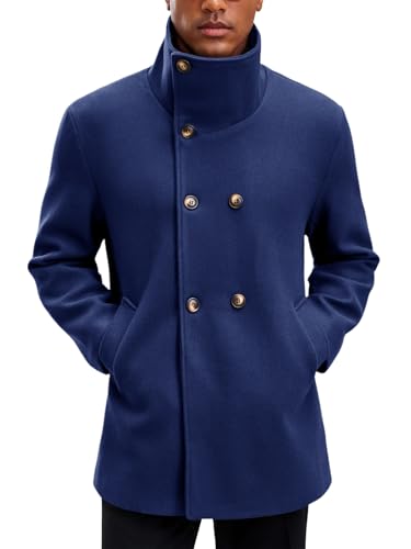 Image of Yousify Mens Trench Coat Double Breasted Stand Collar Overcoat Casual Winter Warm Business Short Pea Coat