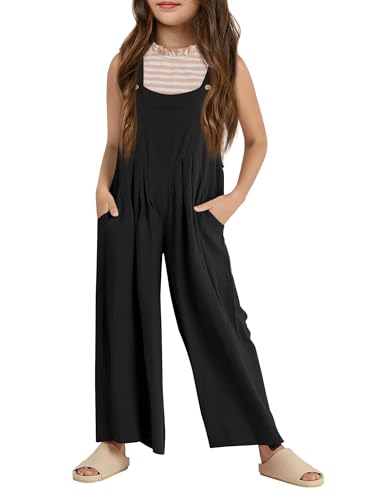Image of Haloumoning Girls Overalls Kids Casual Sleeveless Wide Leg Jumpsuit Loose Rompers with Pockets 5-14 Years