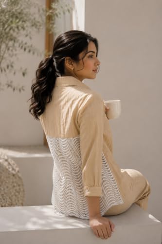 Image of Cotton Co-ord Set for Women | With Long Sleeves | Lace Back Panel | Relaxed Fit | Casual Wear | Office Outfit | Lounge | Travel