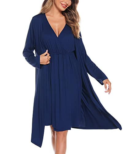 Image of SWOMOG Women Maternity Nursing Gown and Robe Set 3 in 1 Labor Delivery Nursing Nightgown for Breastfeeding Hospital Bathrobe
