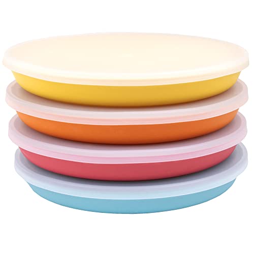Image of WeeSprout Bamboo Plates with Silicone Lids, Set of 4, Kid-Sized Dinnerware, Cereal, Leftovers & Snacks, Dishwasher Safe Melamine Dishware (Blue, Yellow, Orange, and Red)