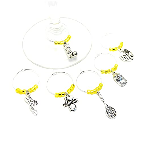 Tennis Wine Charms - Set of 6 Silver Wine Glass Charms - Wine Gift for Wine Lovers, Fun Tennis Gifts for Women