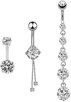 HQLA 14G Dangle Belly Button Rings Round Clear CZ Navel Curved Barbell Studs Surgical Steel Sexy Body Piercing 3 Pcs A Set (Steel)