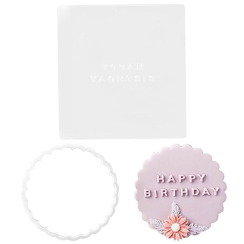 Happy Birthday Fondant Embosser Cookie Stamps with Cookie Cutters 3D Design Acrylic Mould Birthday Cookie Stamp for Fondant, Icing, Cake, Biscuit, Lace Round