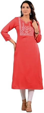 Ramkudi Womens Rayon Embroidered Kurti Solid Indian Style Kurta for Girls | Comfortable Daily Wear Kurtis
