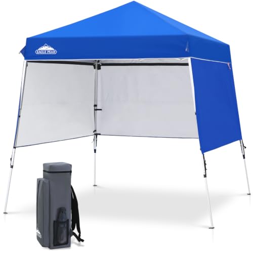 EAGLE PEAK Day Tripper 8x8 Aluminum Super-Lightweight Slant Leg Pop Up Canopy with 3 Removable Walls Instant Outdoor Backpack Canopy Tent Outside Beach Folding Sun Shelter 8x8 Base 6x6 Top Blue