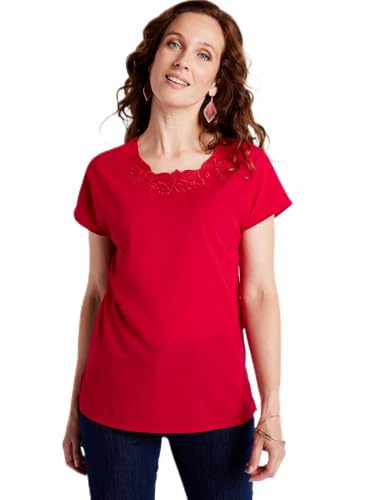 Afibel Top Long Manga Corta Bordados Cuello Redondo, rojo, 4XL
